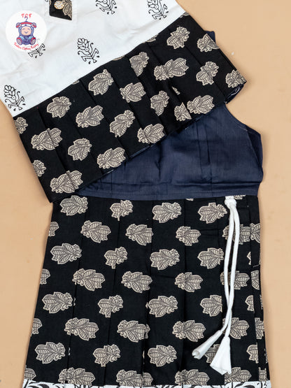 White & Black - Girls Readymade Floral Printed Cotton Pavadai Sattai