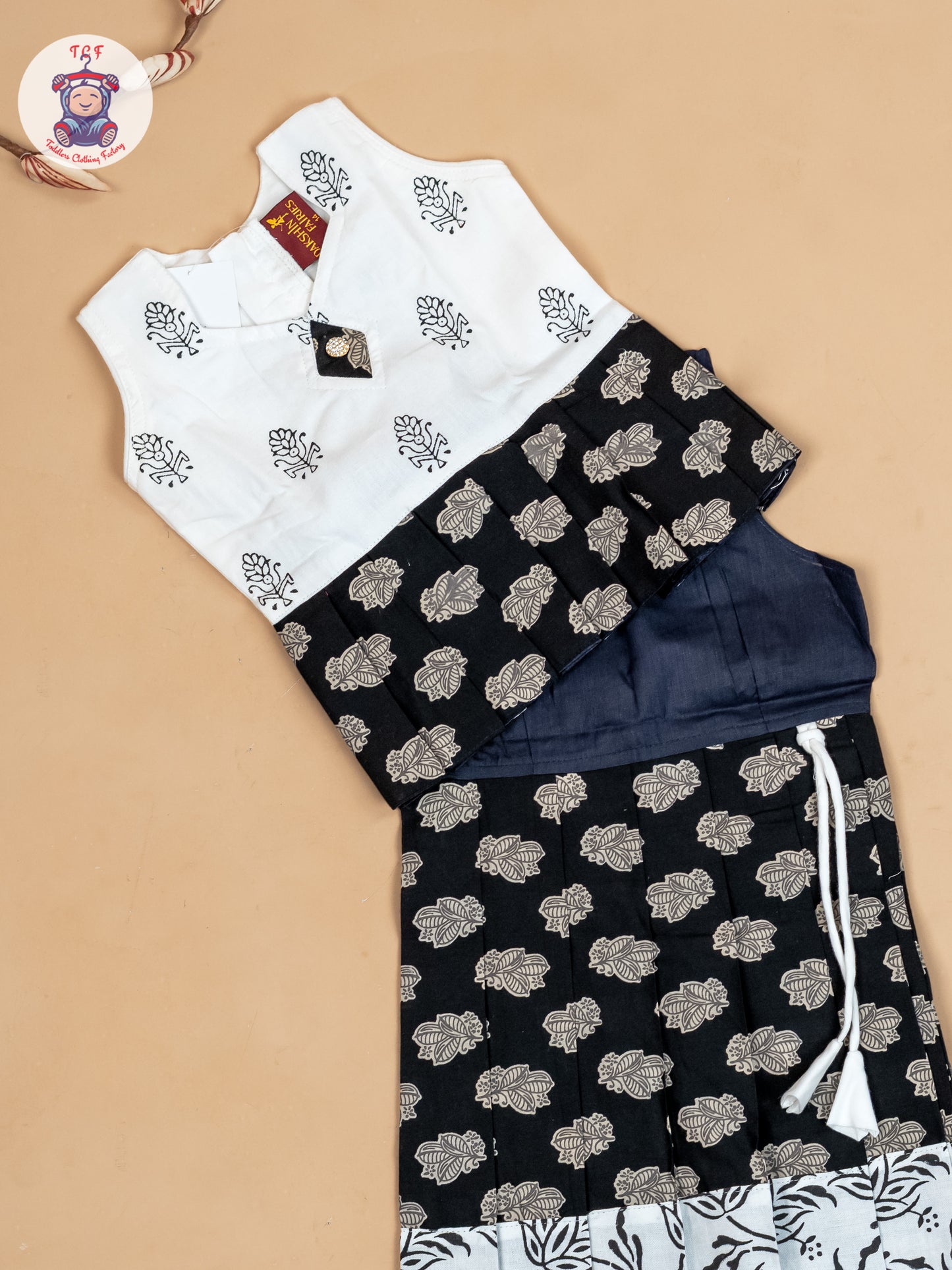 White & Black - Girls Readymade Floral Printed Cotton Pavadai Sattai