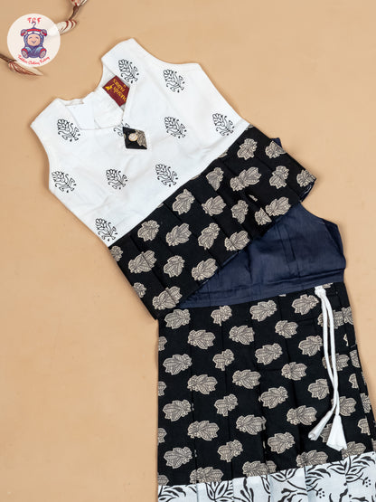 White & Black - Girls Readymade Floral Printed Cotton Pavadai Sattai