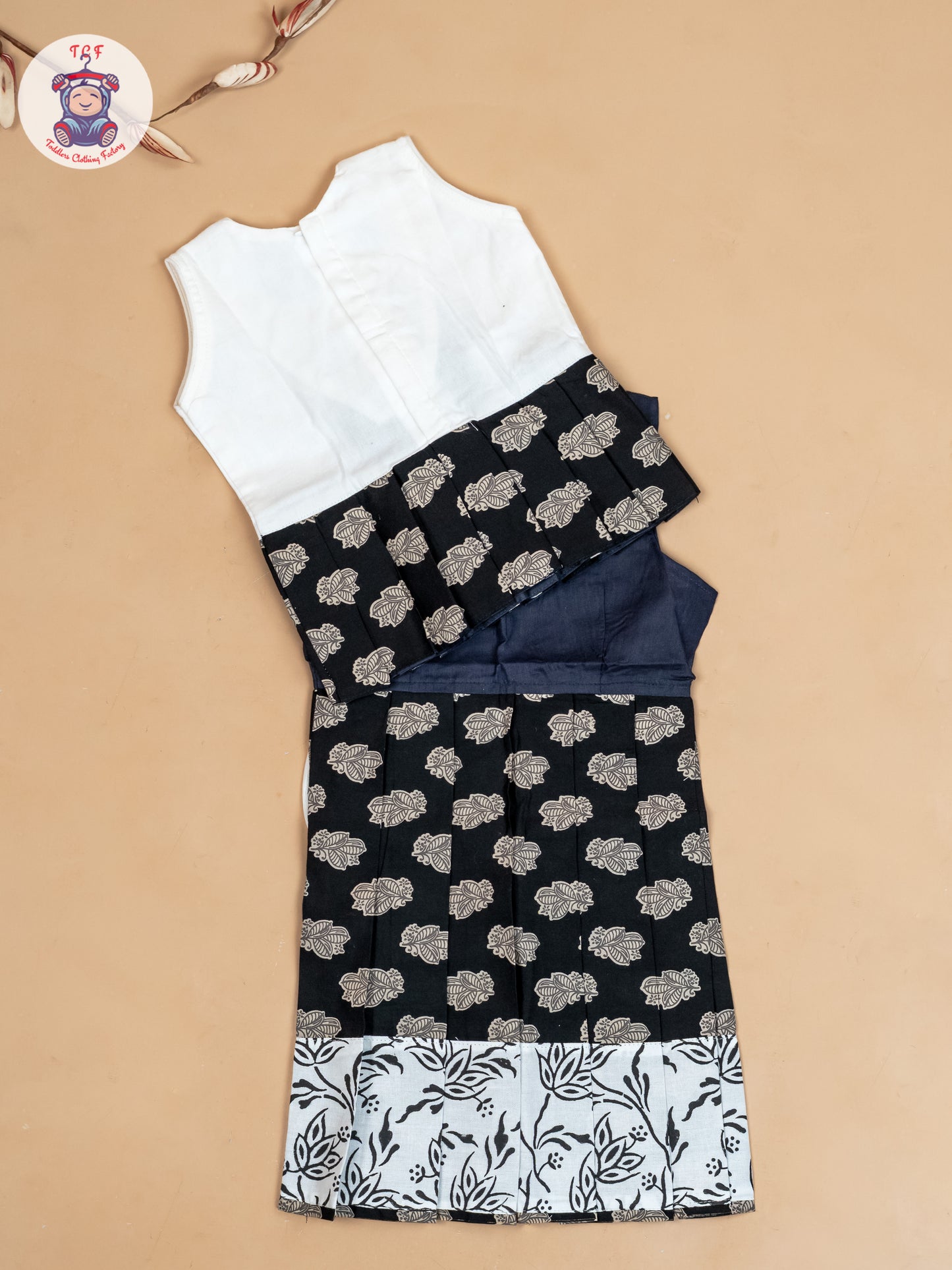 White & Black - Girls Readymade Floral Printed Cotton Pavadai Sattai