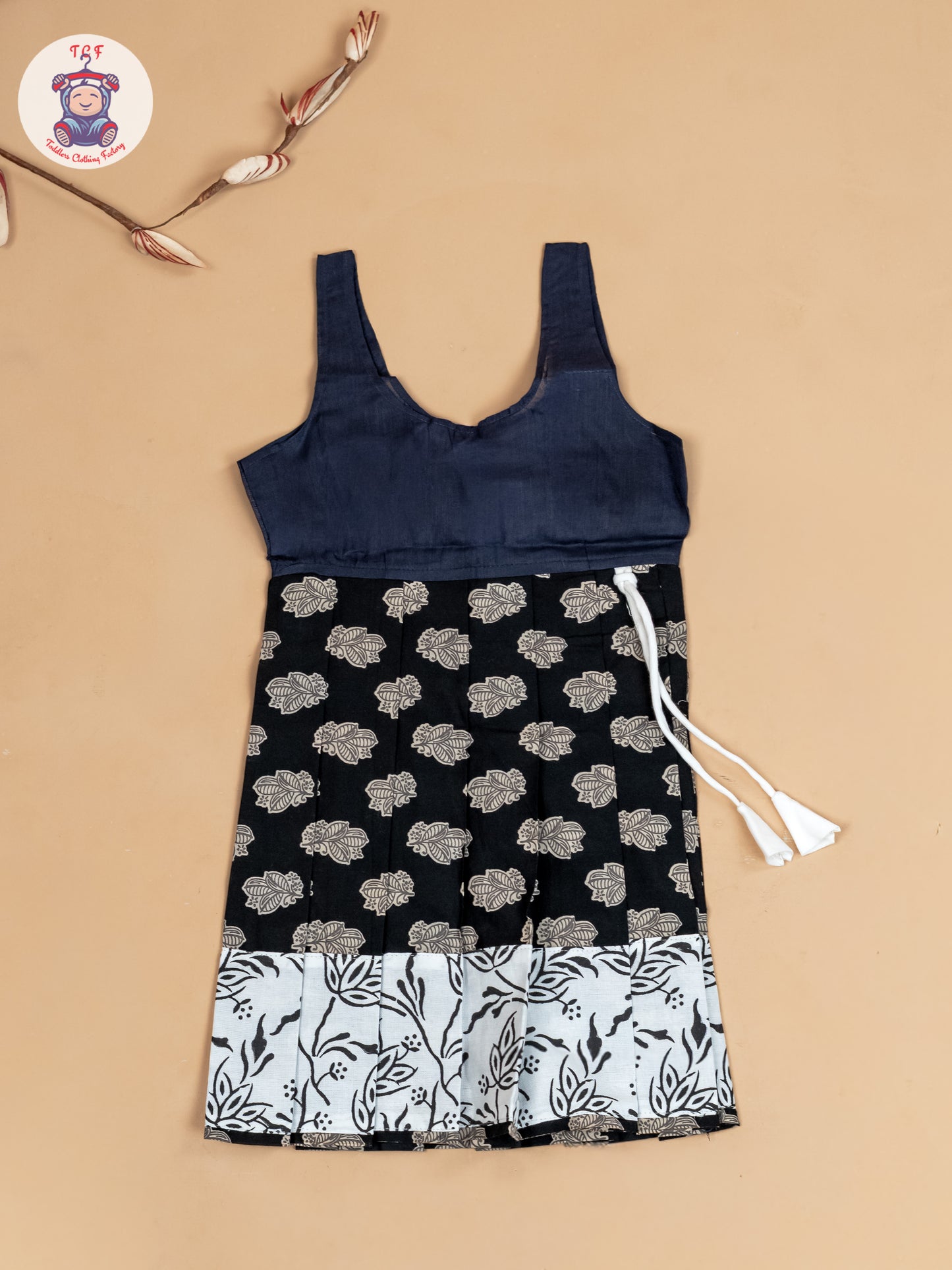 White & Black - Girls Readymade Floral Printed Cotton Pavadai Sattai