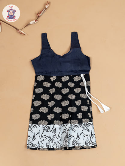 White & Black - Girls Readymade Floral Printed Cotton Pavadai Sattai