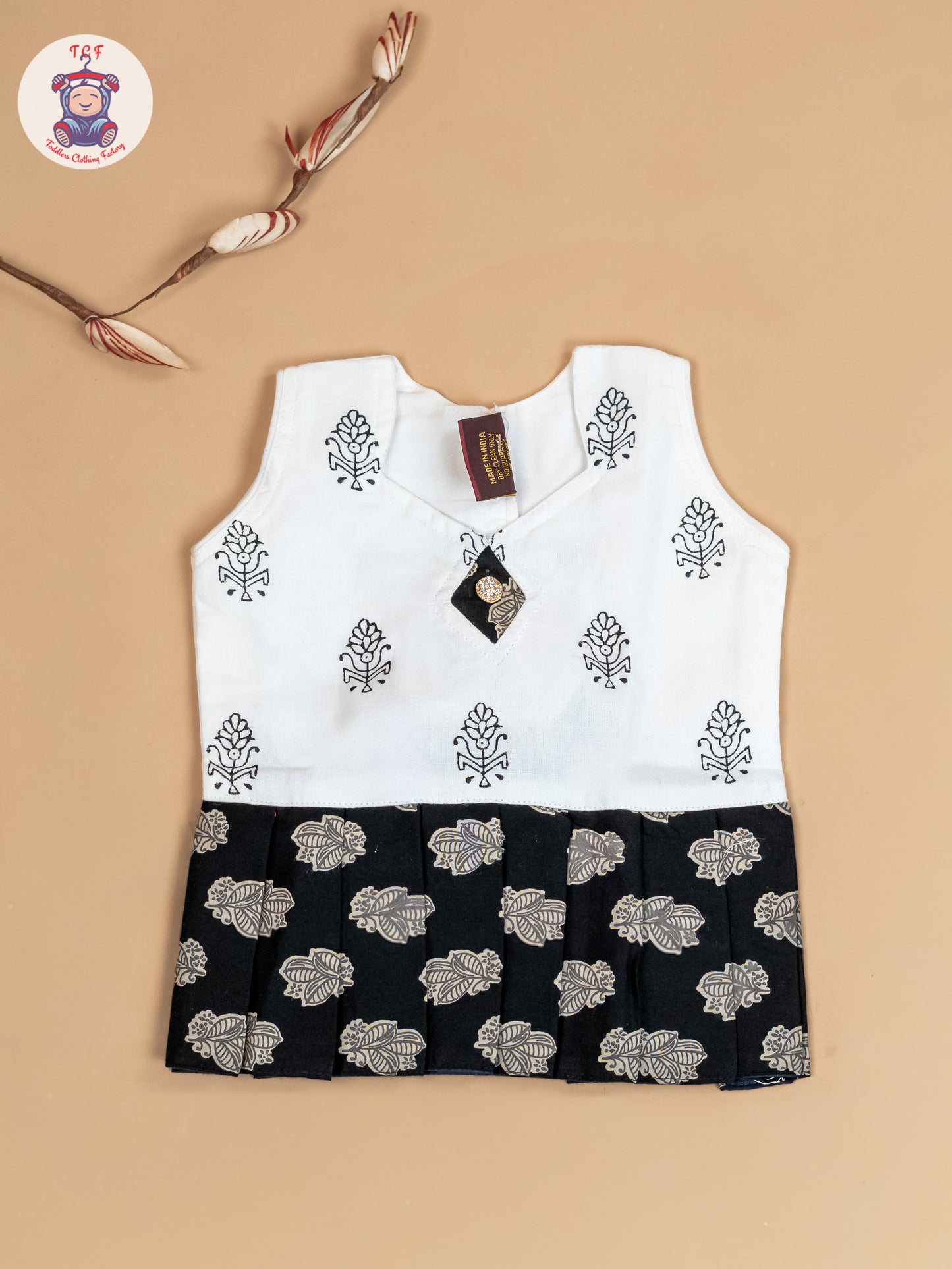 White & Black - Girls Readymade Floral Printed Cotton Pavadai Sattai