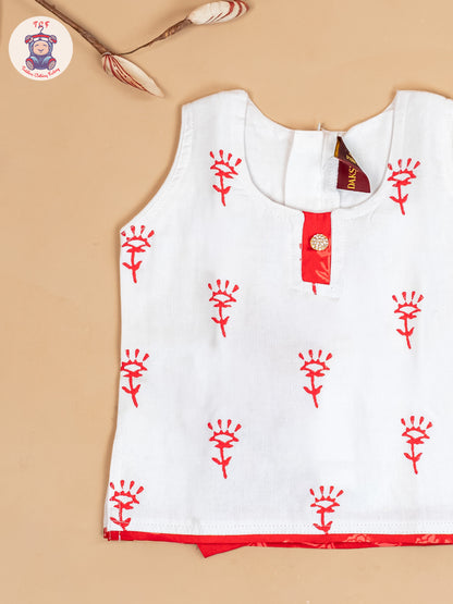 White & Red - Girls Readymade Floral Printed Cotton Pavadai Sattai