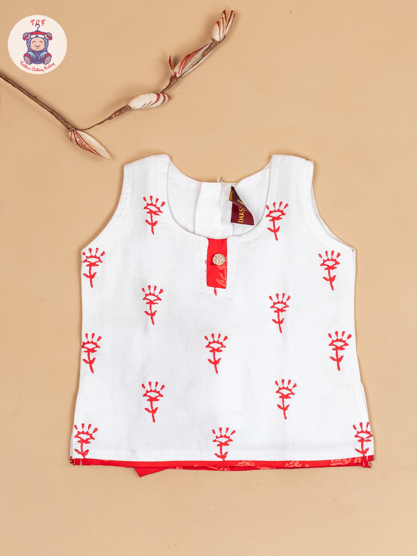 White & Red - Girls Readymade Floral Printed Cotton Pavadai Sattai
