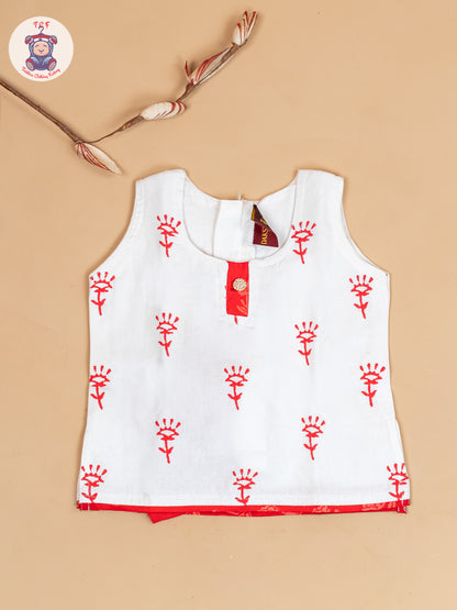 White & Red - Girls Readymade Floral Printed Cotton Pavadai Sattai