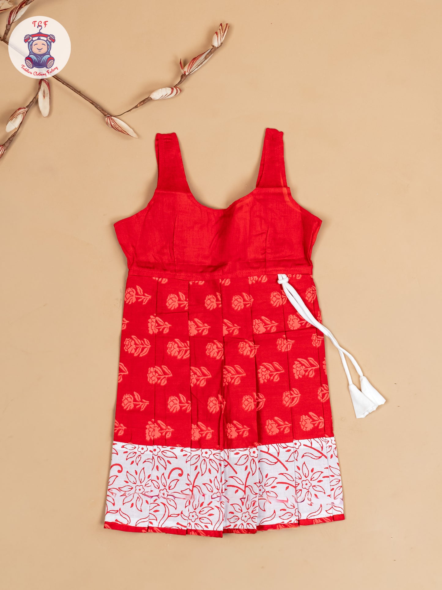 White & Red - Girls Readymade Floral Printed Cotton Pavadai Sattai