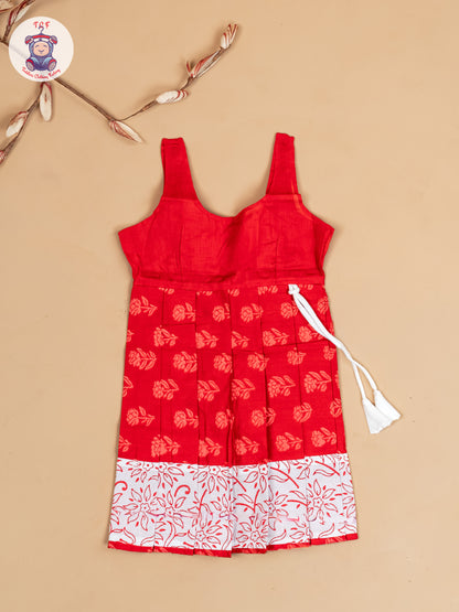 White & Red - Girls Readymade Floral Printed Cotton Pavadai Sattai