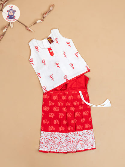 White & Red - Girls Readymade Floral Printed Cotton Pavadai Sattai