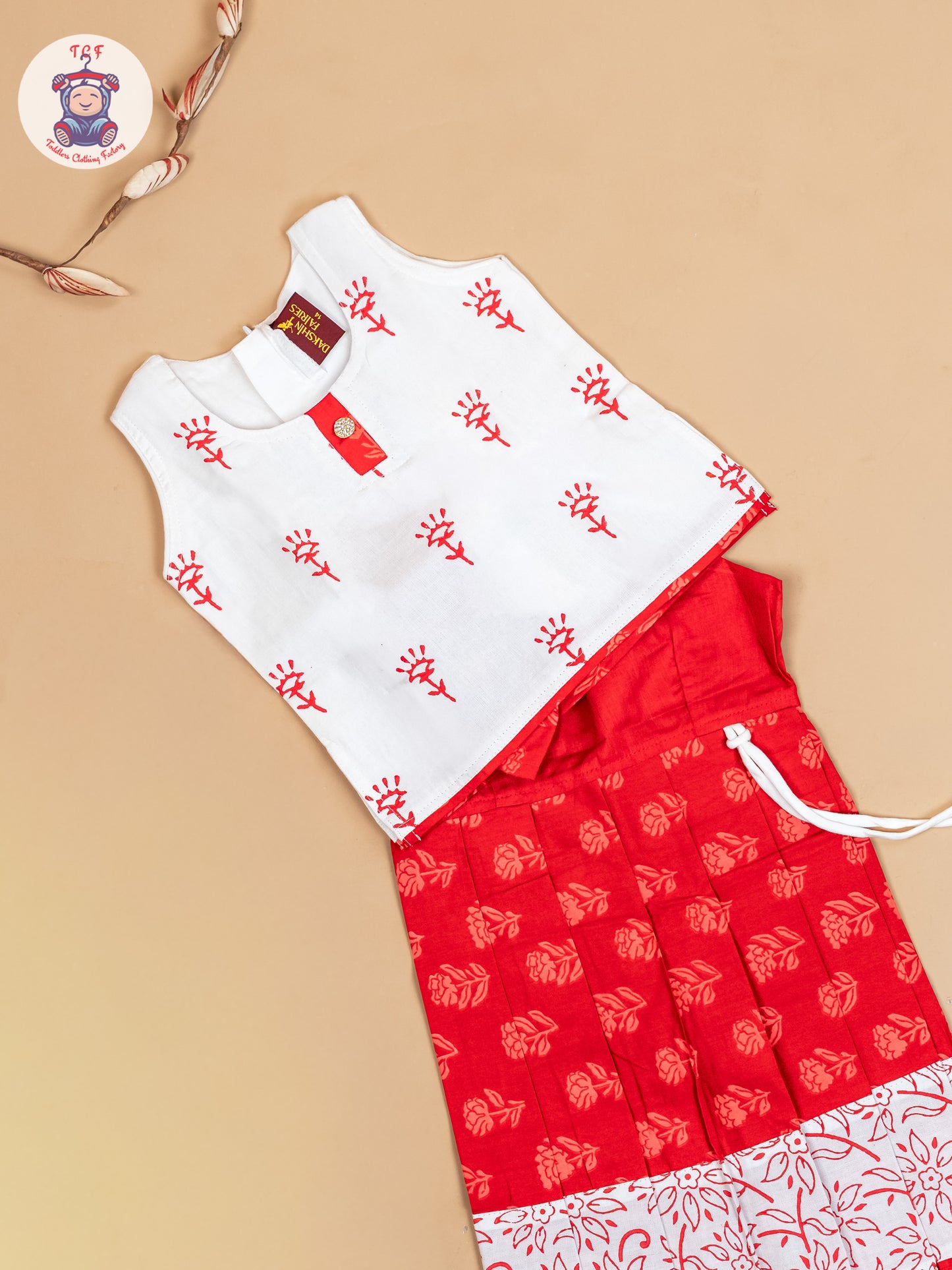White & Red - Girls Readymade Floral Printed Cotton Pavadai Sattai
