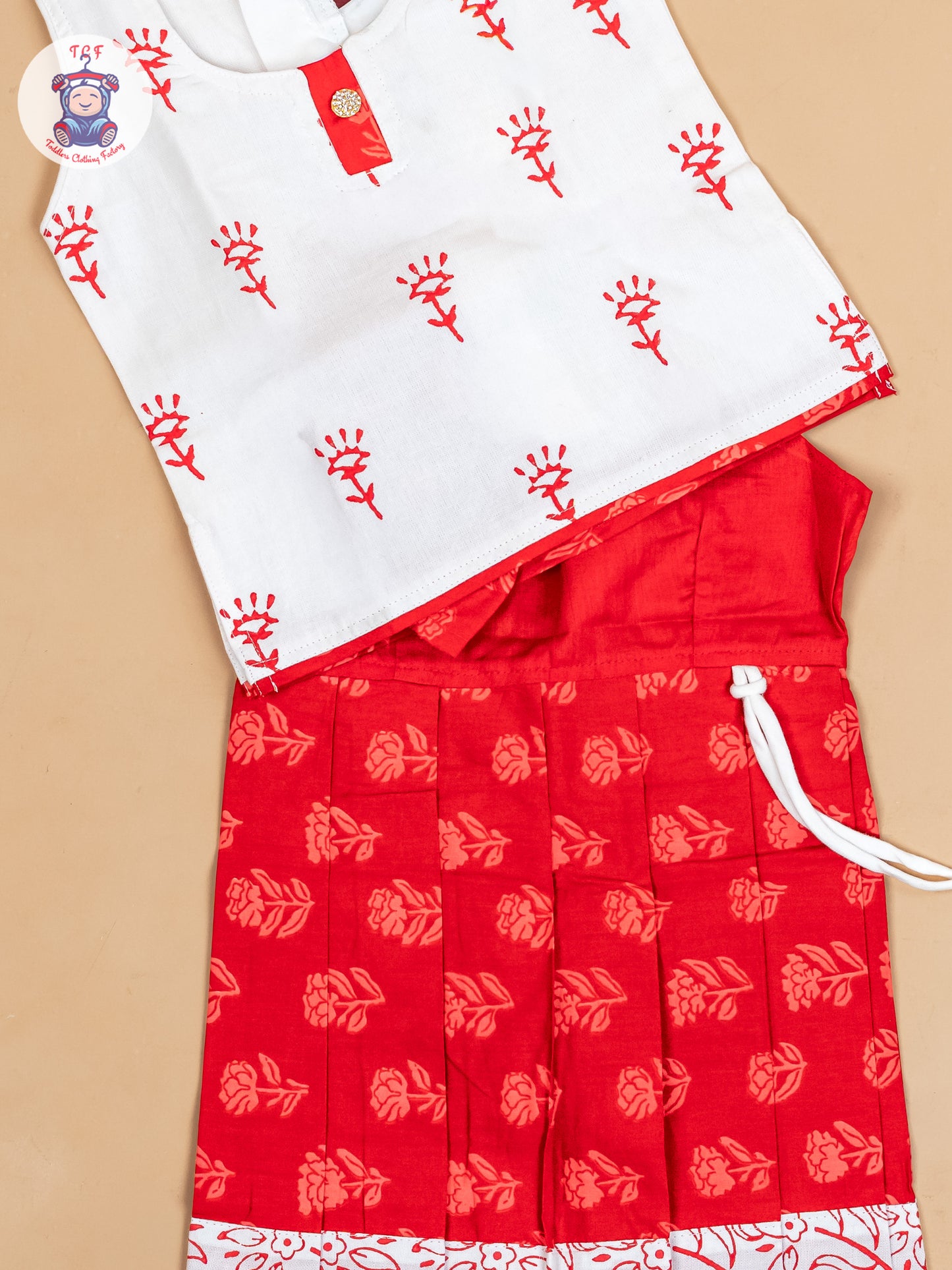 White & Red - Girls Readymade Floral Printed Cotton Pavadai Sattai