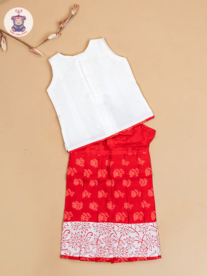 White & Red - Girls Readymade Floral Printed Cotton Pavadai Sattai
