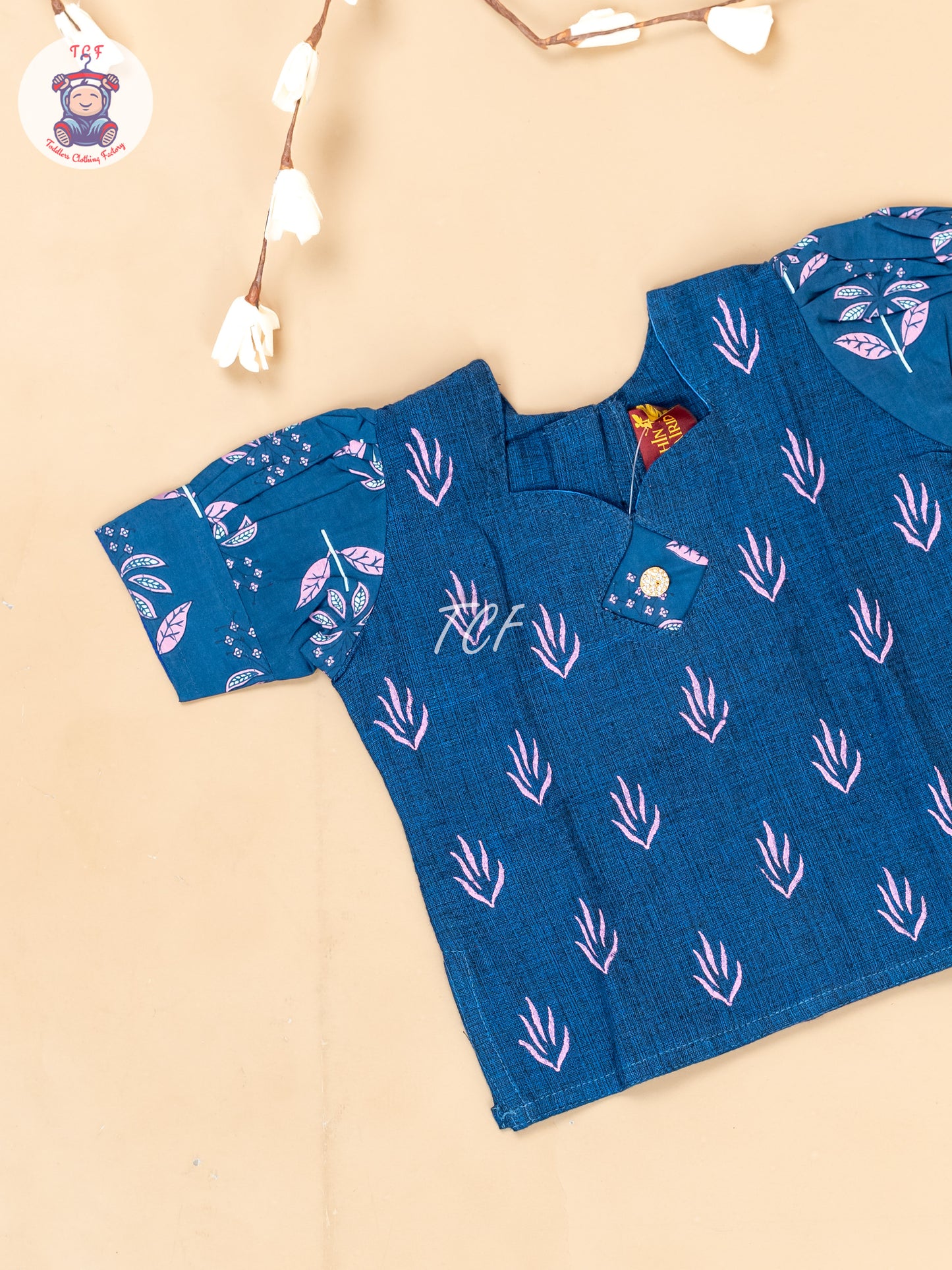 Ink Blue - Girls Readymade Floral Printed Cotton Pavadai Sattai