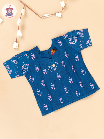 Ink Blue - Girls Readymade Floral Printed Cotton Pavadai Sattai