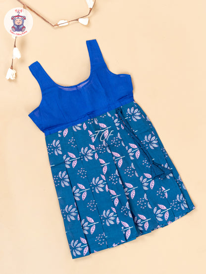 Ink Blue - Girls Readymade Floral Printed Cotton Pavadai Sattai