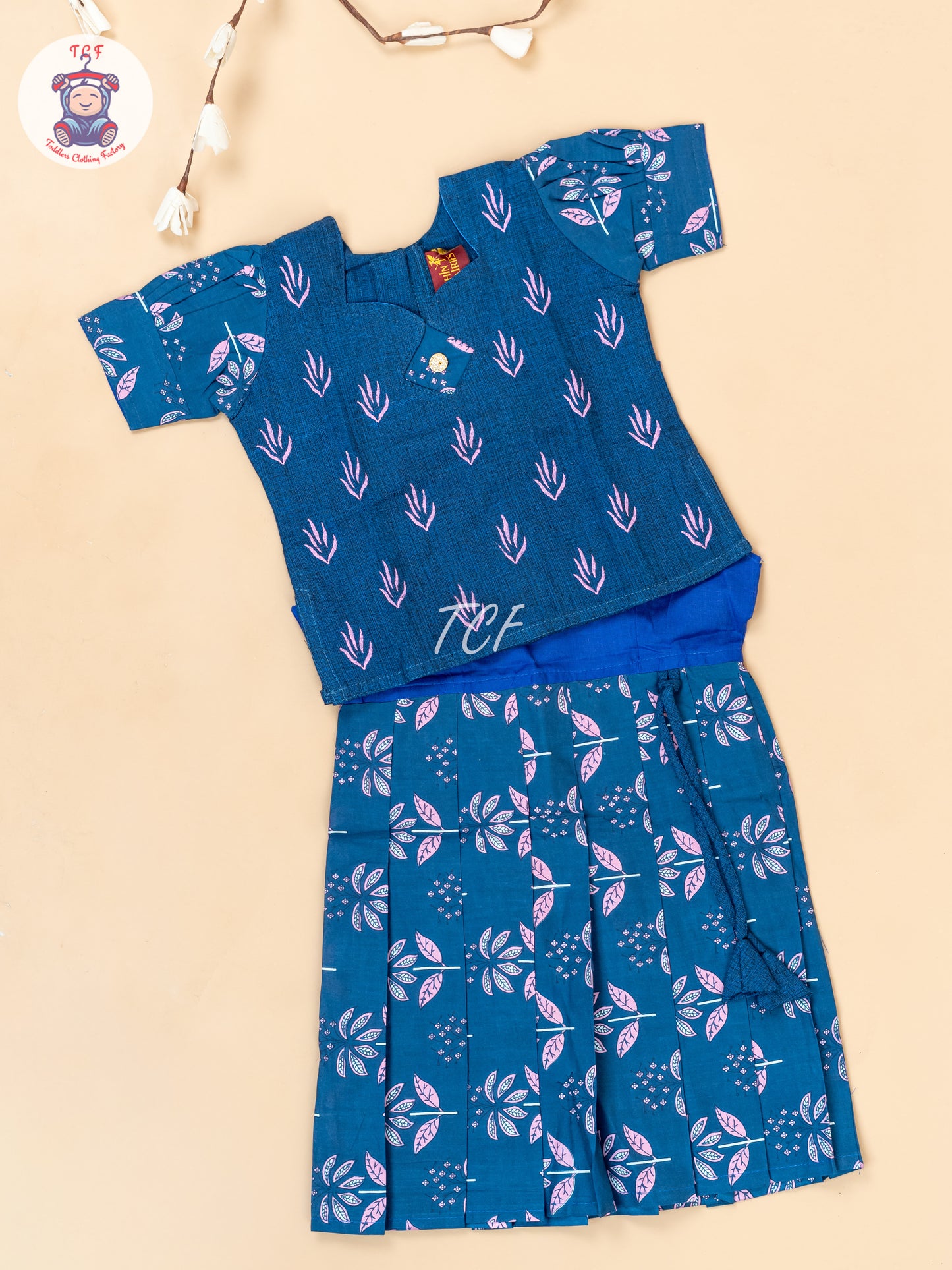 Ink Blue - Girls Readymade Floral Printed Cotton Pavadai Sattai