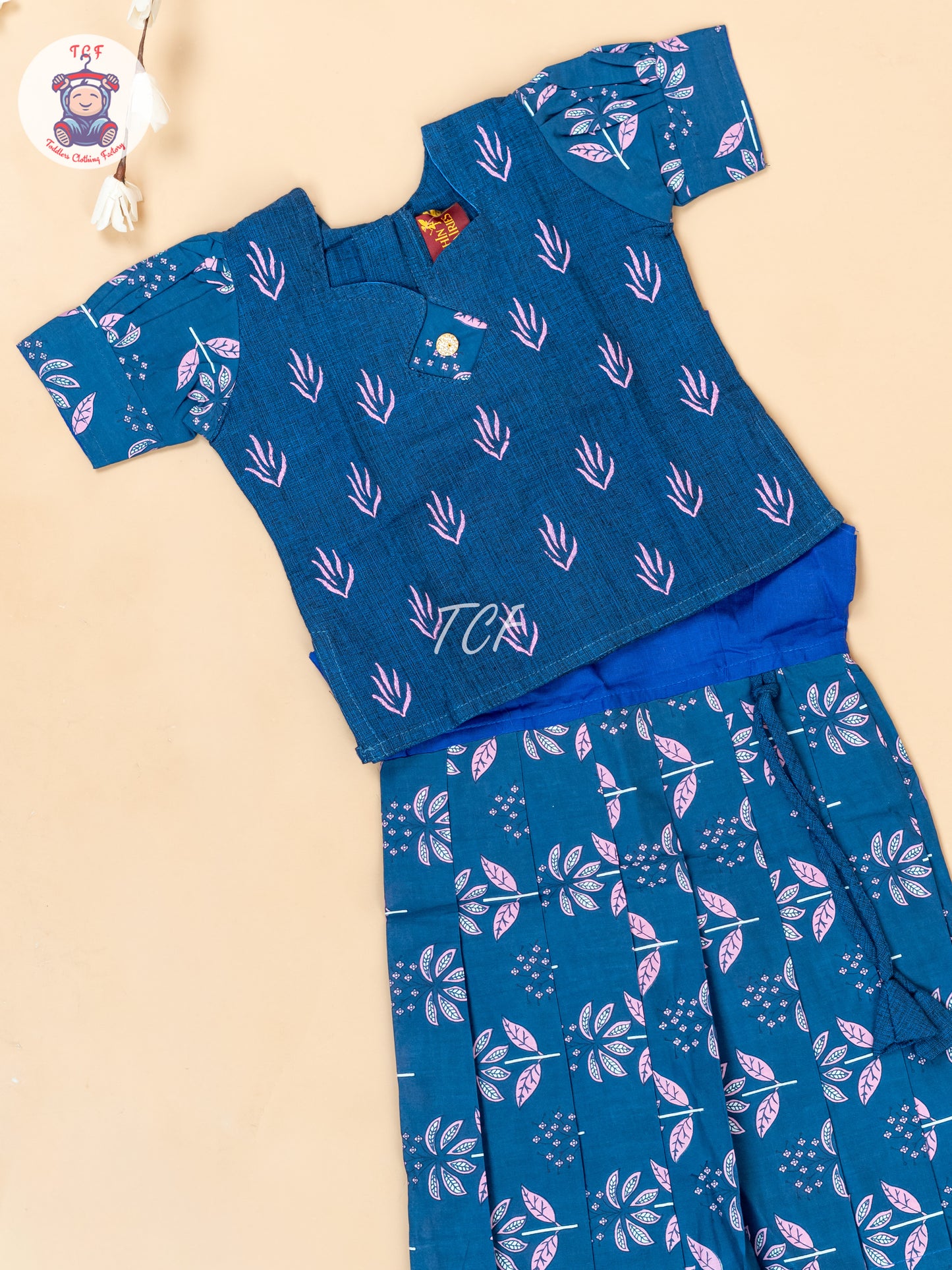 Ink Blue - Girls Readymade Floral Printed Cotton Pavadai Sattai