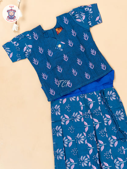 Ink Blue - Girls Readymade Floral Printed Cotton Pavadai Sattai