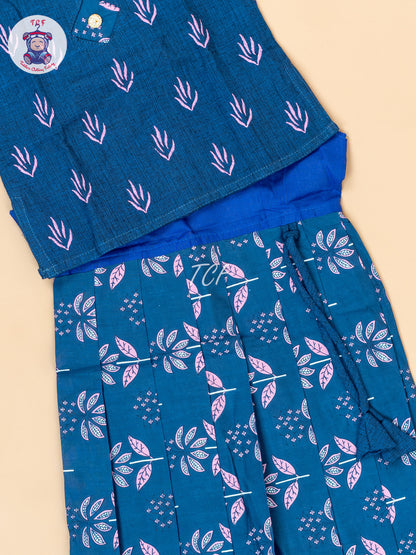 Ink Blue - Girls Readymade Floral Printed Cotton Pavadai Sattai