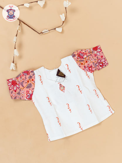 White & Light Pink - Girls Readymade Floral Printed Cotton Pavadai Sattai