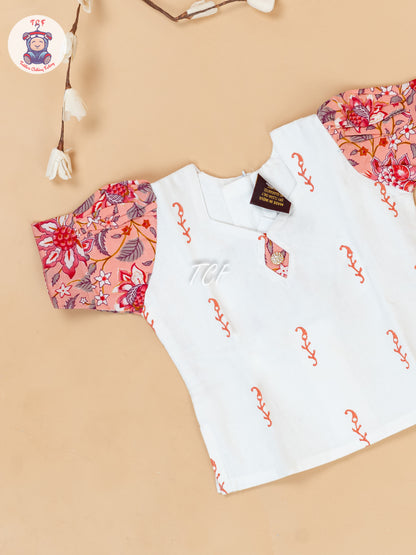White & Light Pink - Girls Readymade Floral Printed Cotton Pavadai Sattai