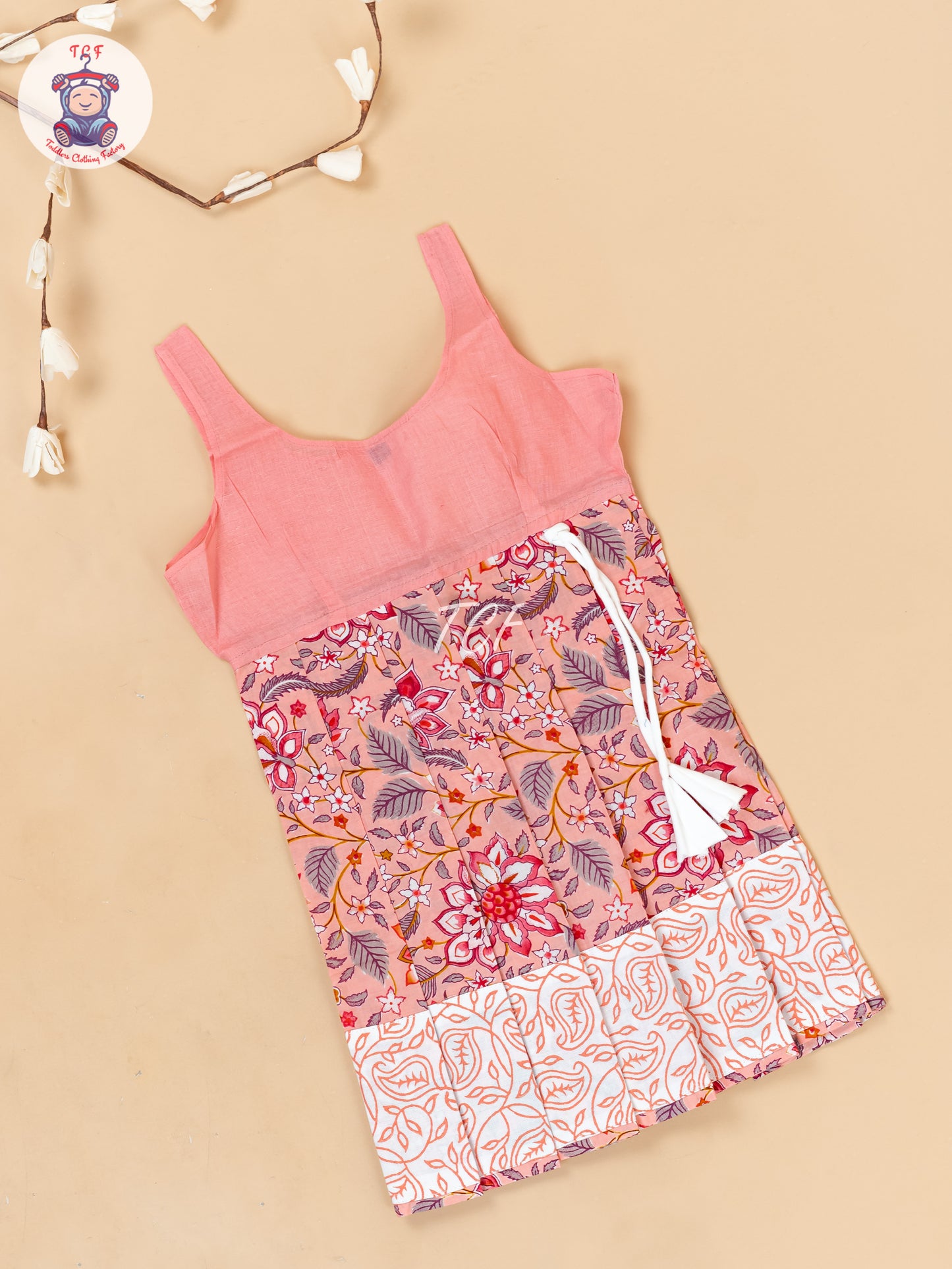 White & Light Pink - Girls Readymade Floral Printed Cotton Pavadai Sattai