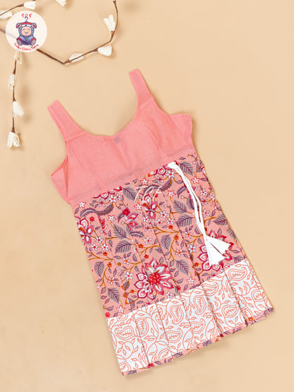 White & Light Pink - Girls Readymade Floral Printed Cotton Pavadai Sattai