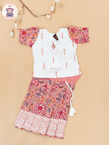 White & Light Pink - Girls Readymade Floral Printed Cotton Pavadai Sattai
