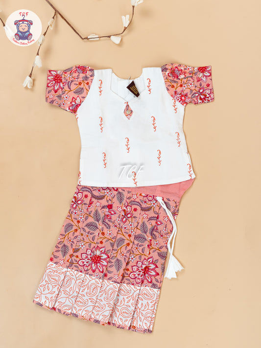 White & Light Pink - Girls Readymade Floral Printed Cotton Pavadai Sattai
