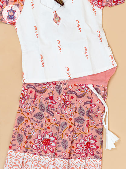 White & Light Pink - Girls Readymade Floral Printed Cotton Pavadai Sattai