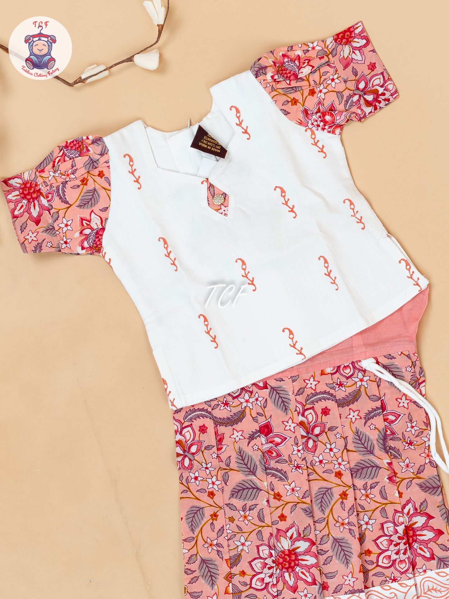 White & Light Pink - Girls Readymade Floral Printed Cotton Pavadai Sattai