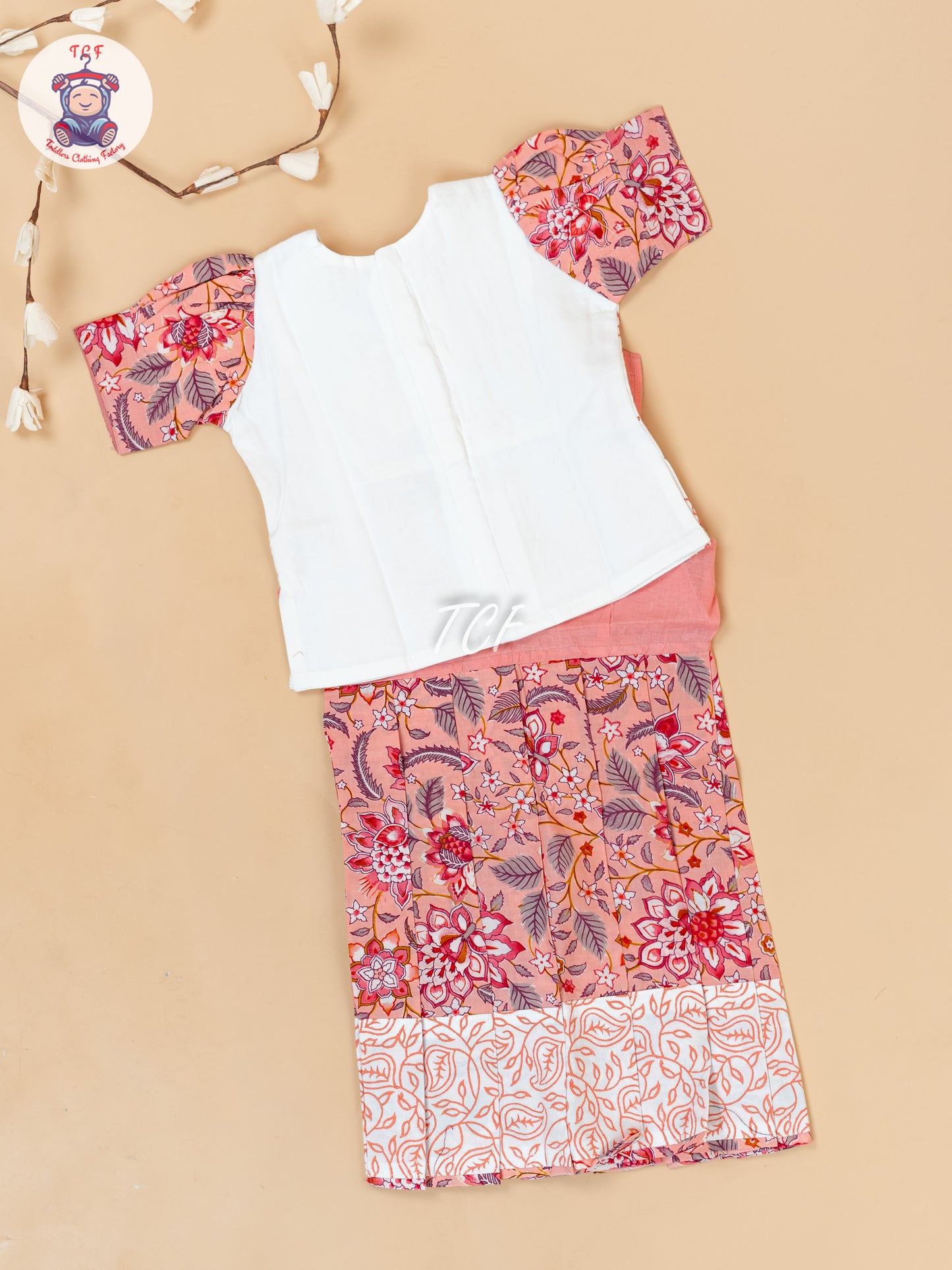 White & Light Pink - Girls Readymade Floral Printed Cotton Pavadai Sattai