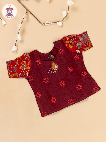 Maroon - Girls Readymade Floral Printed Cotton Pavadai Sattai