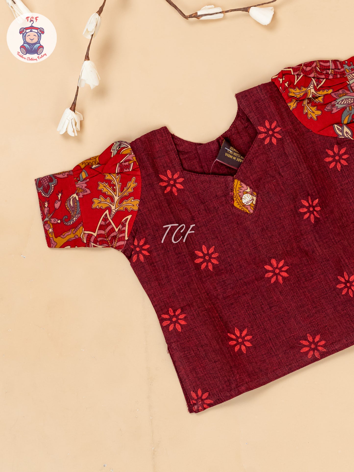 Maroon - Girls Readymade Floral Printed Cotton Pavadai Sattai