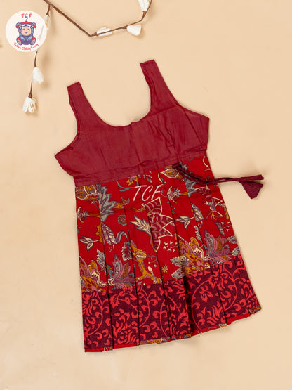 Maroon - Girls Readymade Floral Printed Cotton Pavadai Sattai