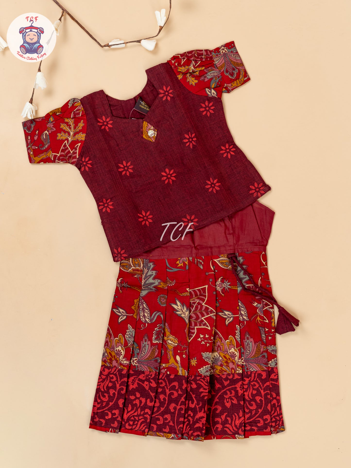 Maroon - Girls Readymade Floral Printed Cotton Pavadai Sattai