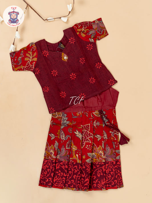 Maroon - Girls Readymade Floral Printed Cotton Pavadai Sattai