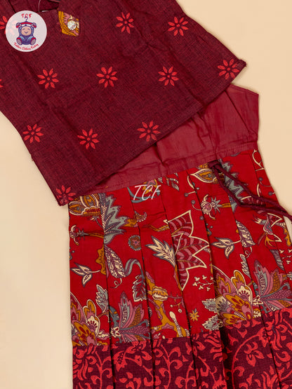 Maroon - Girls Readymade Floral Printed Cotton Pavadai Sattai
