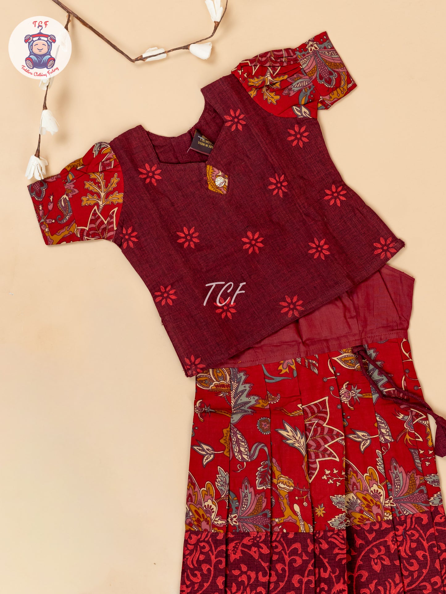 Maroon - Girls Readymade Floral Printed Cotton Pavadai Sattai