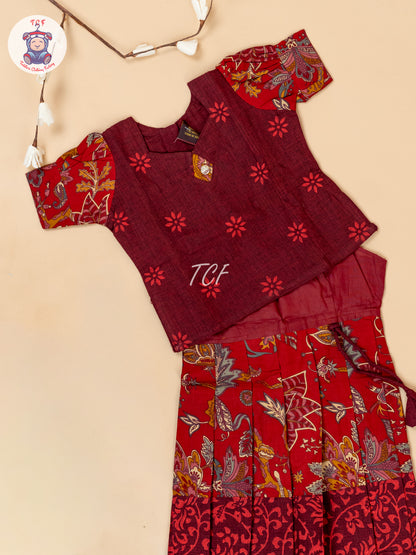 Maroon - Girls Readymade Floral Printed Cotton Pavadai Sattai