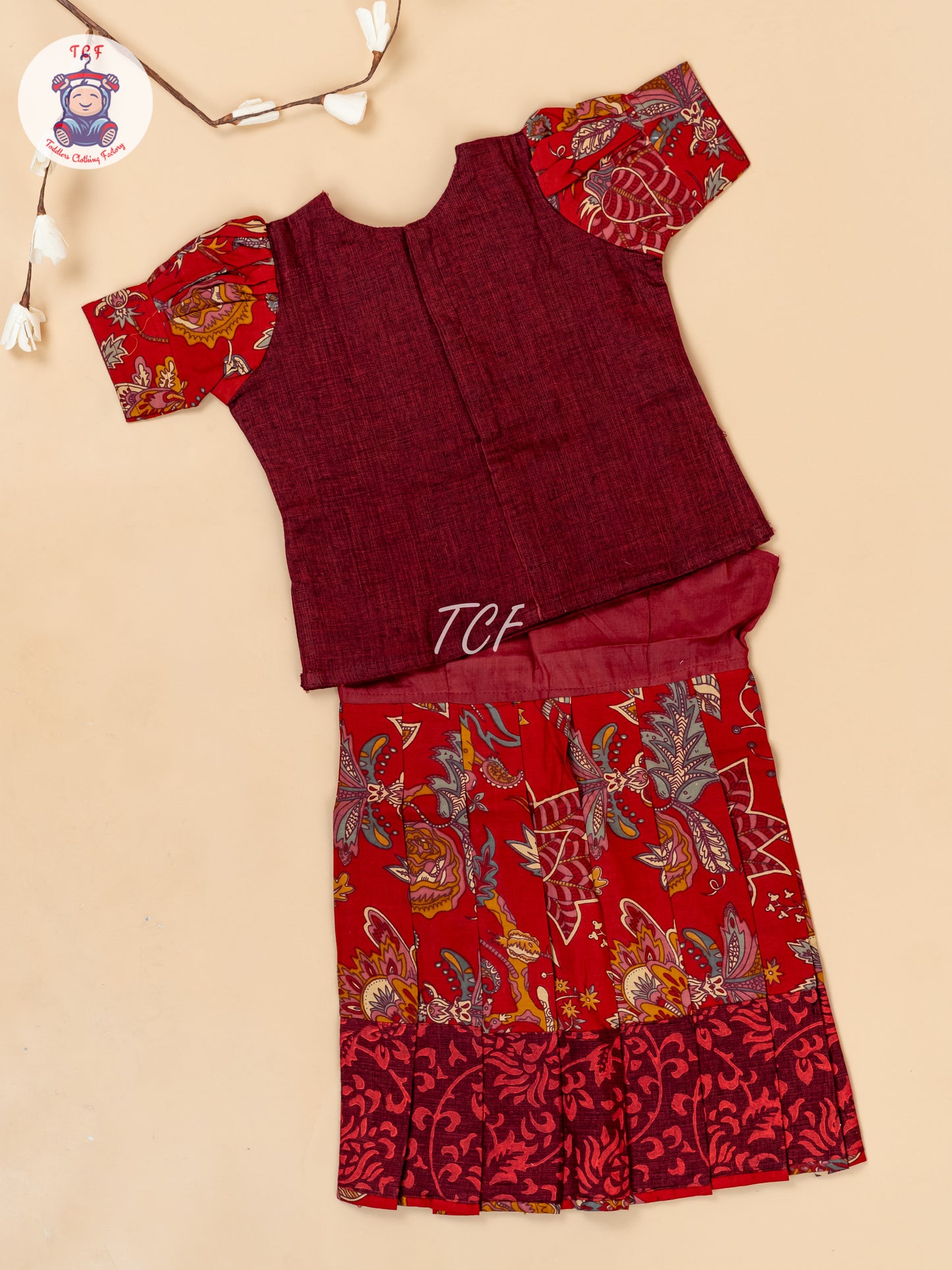 Maroon - Girls Readymade Floral Printed Cotton Pavadai Sattai