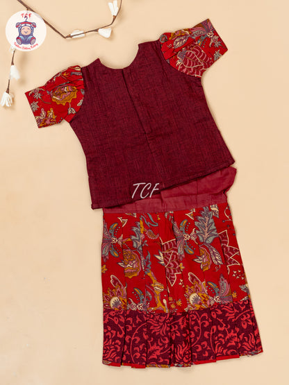 Maroon - Girls Readymade Floral Printed Cotton Pavadai Sattai