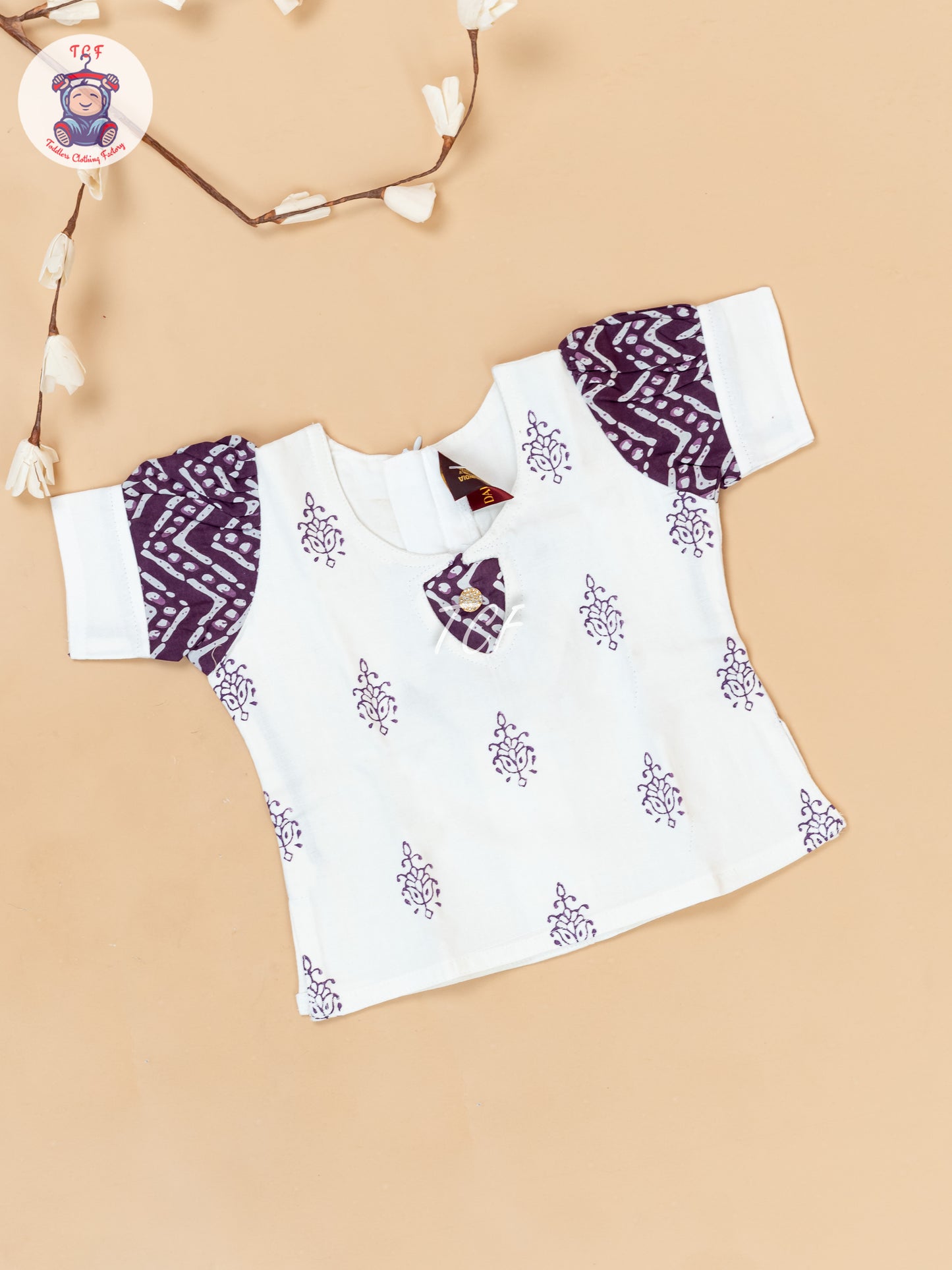 White & Purple - Girls Readymade Floral Printed Cotton Pavadai Sattai