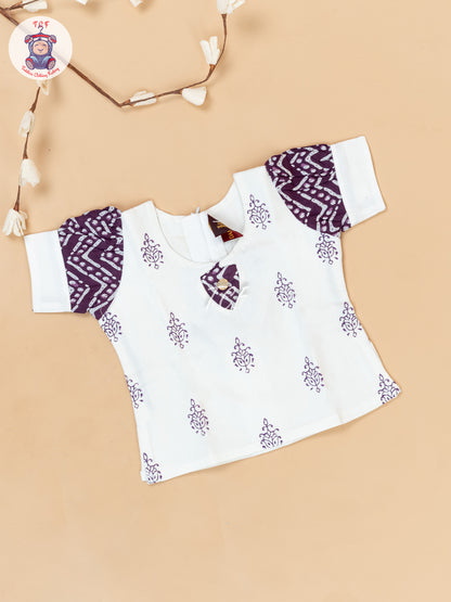 White & Purple - Girls Readymade Floral Printed Cotton Pavadai Sattai