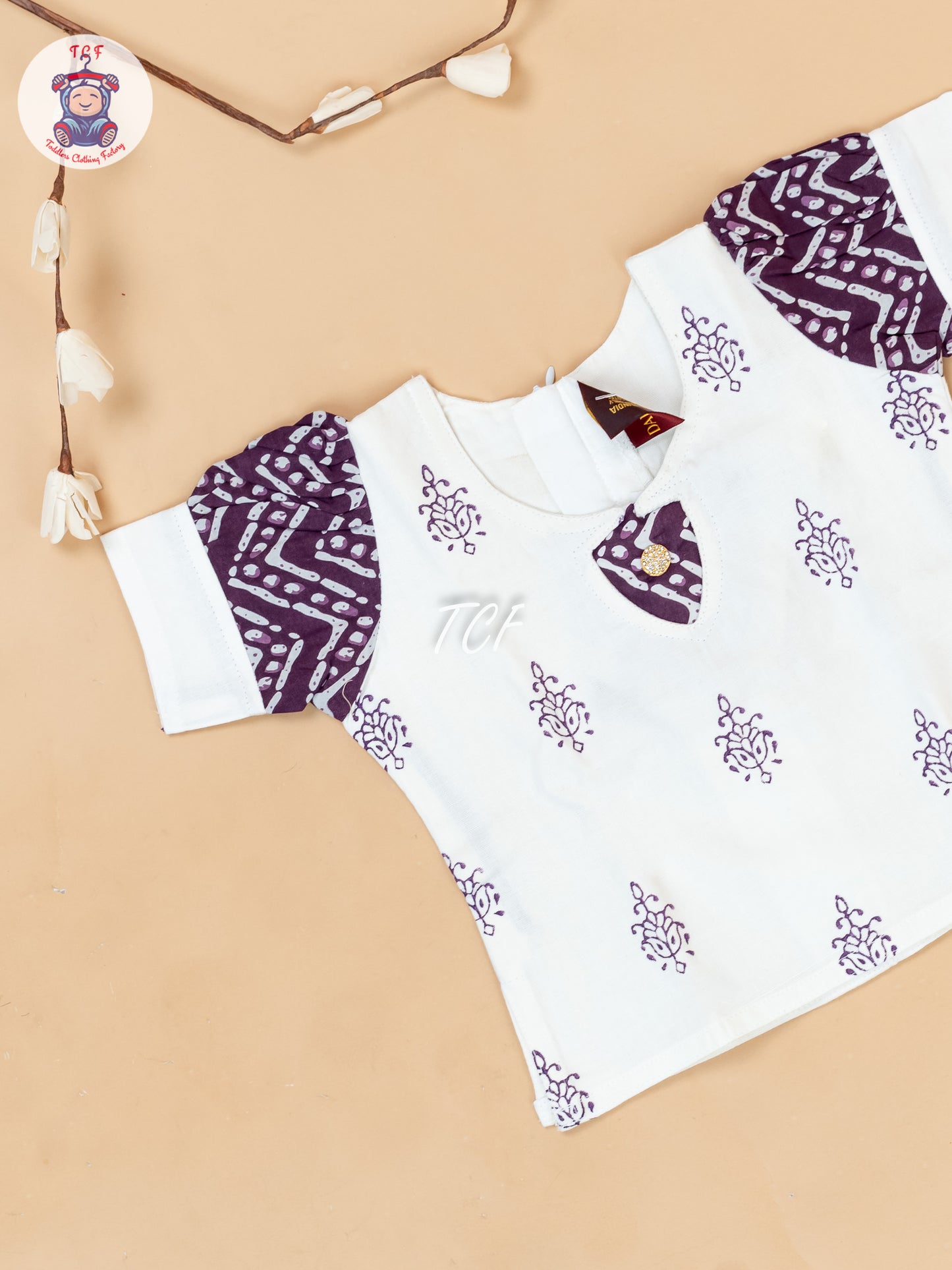White & Purple - Girls Readymade Floral Printed Cotton Pavadai Sattai