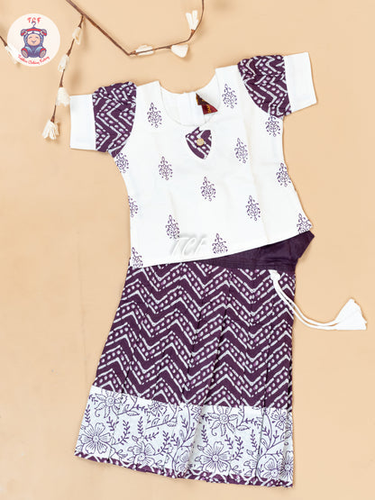 White & Purple - Girls Readymade Floral Printed Cotton Pavadai Sattai