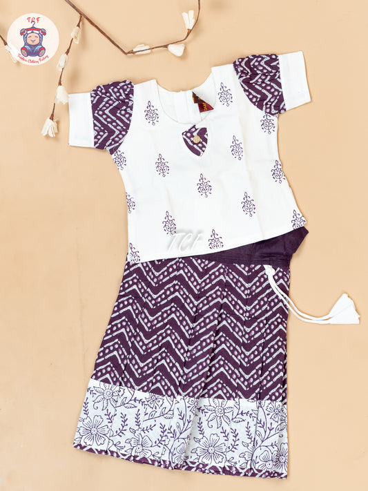 White & Purple - Girls Readymade Floral Printed Cotton Pavadai Sattai