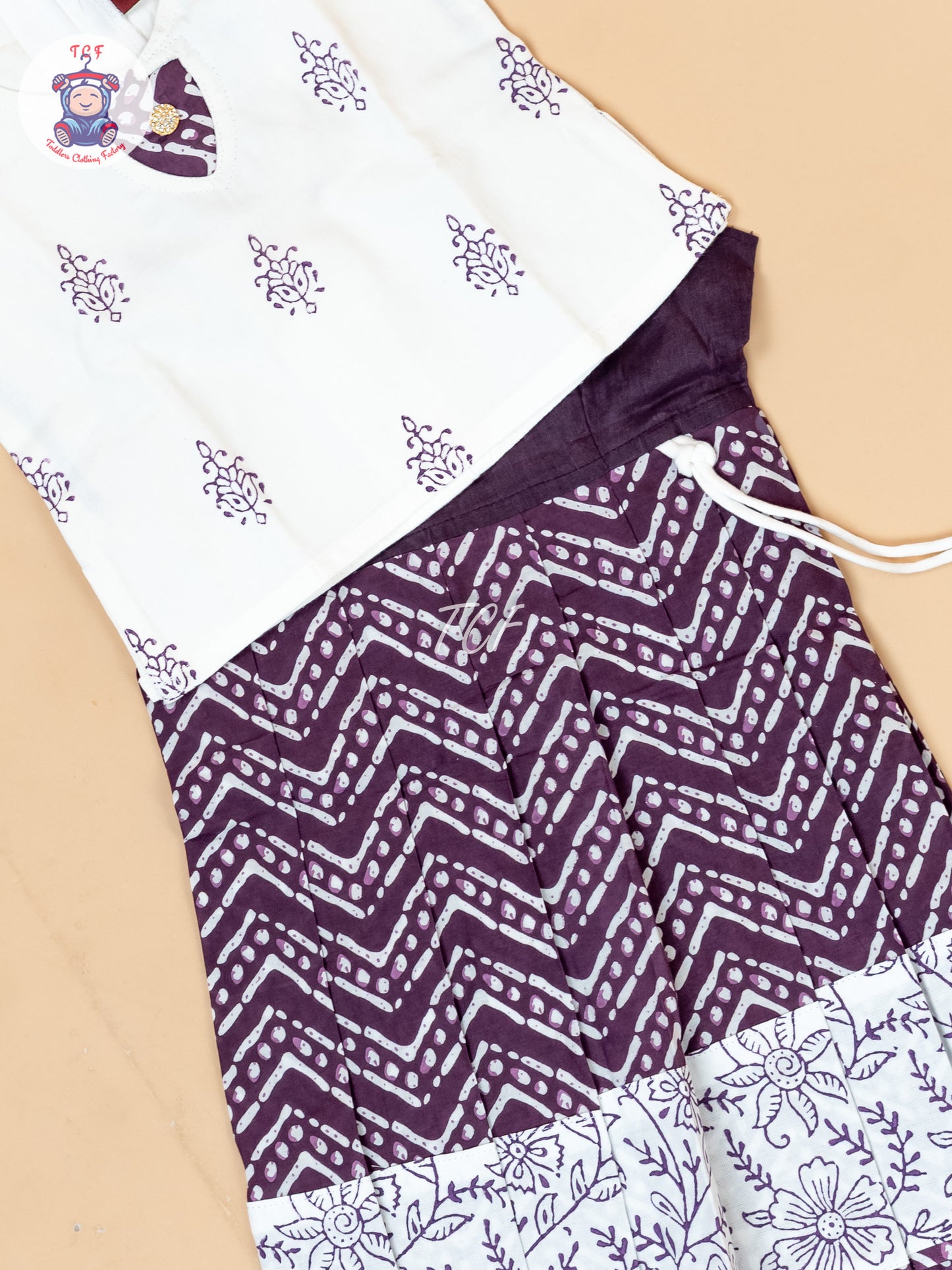 White & Purple - Girls Readymade Floral Printed Cotton Pavadai Sattai