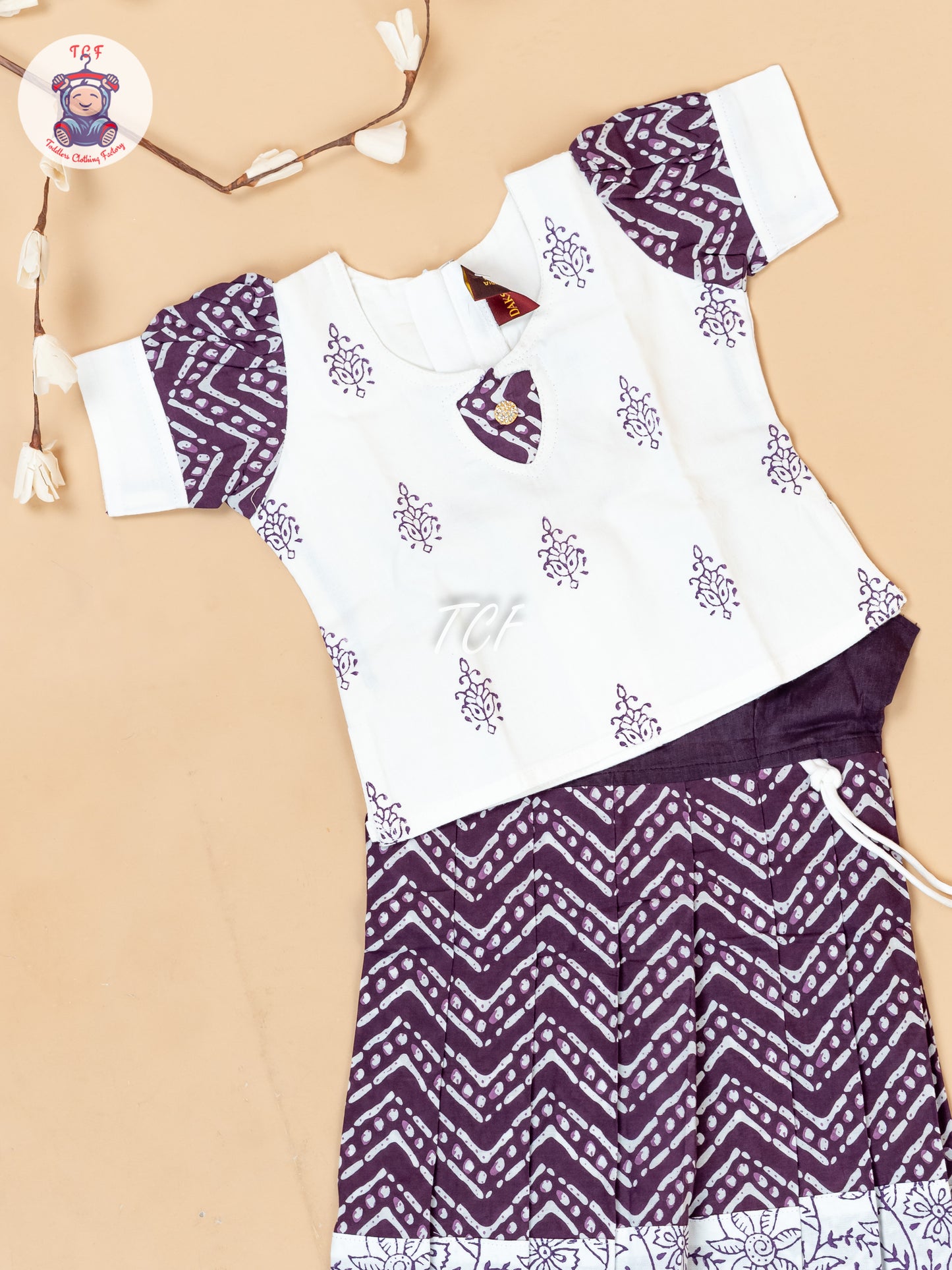White & Purple - Girls Readymade Floral Printed Cotton Pavadai Sattai