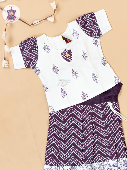 White & Purple - Girls Readymade Floral Printed Cotton Pavadai Sattai